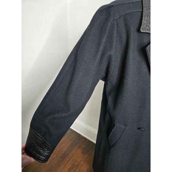 Vintage Black Wool Leather Trim Overcoat Classic - Picture 12 of 16